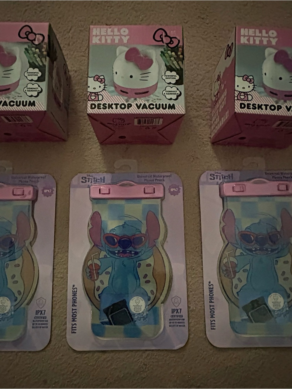LOT!! 3 Stitch waterproof phone pouches & 3 Hello Kitty Desktop Vacuum